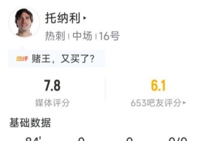 托纳利亮眼数据：6抢断+7对抗全胜，3射0正获评7.8分