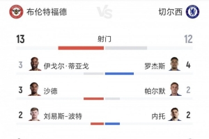 切尔西0-3不敌布伦特福德：射门12-13、射正2-6、绝佳机会仅1次