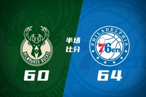 76人半场64-60领先雄鹿 詹姆斯缺阵 恩比德14分4板5助 布朗16分