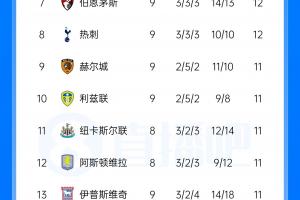英超积分榜：曼城仍榜首 热刺升第8 曼联第17，枪手不败即可登顶